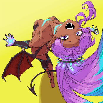 +_+ 1girl arched_back ass barefoot body_markings breasts commission dark-skinned_female dark_skin demon_girl demon_tail demon_wings fangs full_body highres long_hair looking_at_viewer low_wings medium_breasts nude open_mouth original pointy_ears ponytail purple_eyes purple_hair skeb_commission smile solo tail teeth tocky wings