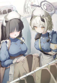 2girls apron arm_under_breasts belt_pouch black_gloves black_hair black_halo blue_archive blue_dress breasts coat commentary_request cowboy_shot dress gloves grey_hair hair_over_eyes halo hand_up hat highres holding holding_coat holding_unworn_clothes indoors juliet_sleeves large_breasts long_hair long_sleeves looking_at_object looking_down medical_emergency_club_member_(blue_archive) morishin546 multiple_girls nurse_cap open_mouth pouch puffy_sleeves sena_(blue_archive) short_hair unworn_coat white_apron yellow_coat