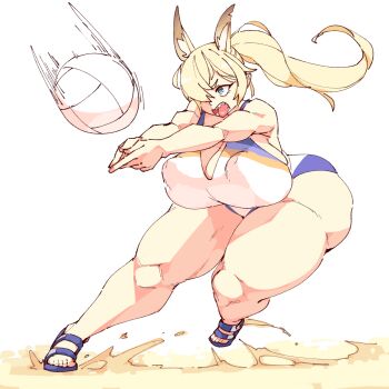 1girl 2025 action alternate_breast_size_(larger) animal_ear_fluff animal_ears ass bare_legs bare_shoulders blonde_hair blue_archive blue_eyes blue_sandals breasts cleavage commentary covered_erect_nipples dog_ears dog_girl english_commentary female_focus full_body hair_over_one_eye highres huge_ass huge_breasts inverted_nipples kanna_(blue_archive) long_hair official_alternate_costume official_alternate_hairstyle one-piece_swimsuit open_mouth own_hands_together plump ponytail rtil sandals serious sharp_teeth simple_background solo standing standing_on_one_leg swimsuit teeth thick_thighs thighs variant_set white_background white_one-piece_swimsuit wide_hips