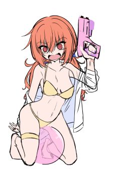 Rule 34 | 1girl, @ @, absurdres, alternate costume, arm behind back, ball, bare shoulders, barefoot, beachball, bikini, blue scrunchie, blush, breasts, collarbone, commentary request, embarrassed, eyes visible through hair, frilled bikini, frills, full body, hair between eyes, hair ornament, hair scrunchie, halterneck, hand up, highres, holding, holding water gun, inaba meguru, kneeling, long hair, looking at viewer, low twintails, one eye closed, open clothes, open mouth, open shirt, orange hair, red eyes, sanoba witch, scrunchie, shirt, shirt partially removed, sidelocks, simple background, sketch, small breasts, solo, suzukihiko7610, swimsuit, tearing up, thigh strap, thighs, tiptoes, twintails, untied bikini top, v-shaped eyebrows, wardrobe malfunction, water gun, wavy mouth, wet, white background, white shirt, yellow bikini