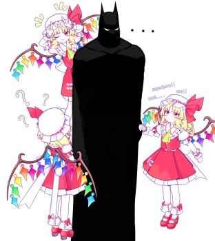 ? bat_wings batman batman_(series) black_cape blonde_hair cape clone crystal crystal_wings dc_comics flandre_scarlet hat hat_ribbon highres looking_at_viewer mask mikumikudance_(medium) mob_cap multicolored_wings one_eye_closed red_eyes red_skirt ribbon silhouette skirt touhou vampire white_eyes wings wrench_(superwrenching)