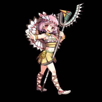 1girl ahoge bare_shoulders bike_shorts bike_shorts_under_skirt black_background blush breasts cleavage detached_collar fang feather_hair_ornament feathers flats full_body hair_ornament headband headdress highres holding holding_staff large_breasts merc_storia merc_storia_art_team miniskirt native_american native_american_clothes native_american_headdress navel official_art outstretched_arm pink_hair powakaka_(merc_storia) red_hair shoes short_hair simple_background skirt smile solo staff standing strapless tachi-e tube_top white_shoes yellow_skirt