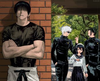 Rule 34 | 1girl, 3boys, amanai riko, biceps, black eyes, black hair, black jacket, black shirt, blue eyes, blue neckerchief, blue sailor collar, brick wall, cigarette, crossed arms, ear piercing, fushiguro touji, getou suguru, gojou satoru, grey pants, grin, hair bun, hair pulled back, hand in pocket, highres, jacket, jujutsu kaisen, jujutsu tech uniform, long sleeves, looking at another, mouth hold, multiple boys, muscular, muscular male, neckerchief, outdoors, pants, piercing, plug (piercing), profile, round eyewear, sailor collar, school uniform, serafuku, shirt, short hair, short sleeves, sideways glance, single hair bun, smile, sorry4u999, sunglasses, tree, white hair