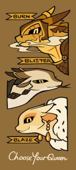 Rule 34 | animal, animal ear piercing, animal focus, armor, black sclera, blaze (wings of fire), blister (wings of fire), brown background, burn (wings of fire), character name, clothed animal, colored sclera, cropped head, dragon, english text, flat color, from side, fur trim, hashtag-only commentary, helmet, highres, horns, no humans, profile, rehtaef, sandwing (wings of fire), siblings, simple background, sisters, smoke, triplets, western dragon, wings of fire, yellow eyes