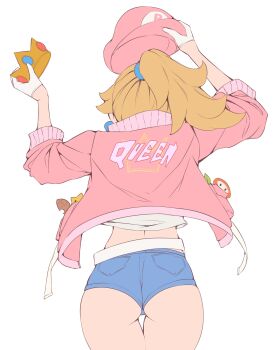 1girl absurdres ass belt blonde_hair blue_scrunchie blue_shorts commentary cowboy_shot crown denim denim_shorts earrings english_commentary enma_(enmanuelart) from_behind gloves gold_crown hands_up hat highres holding holding_crown holding_unworn_clothes holding_unworn_hat jacket jewelry long_hair mario_(series) mario_hat nintendo open_clothes open_jacket pink_hat pink_jacket ponytail princess_peach print_jacket queen scrunchie shirt short_shorts shorts simple_background solo sphere_earrings thigh_gap thighs unworn_hat unworn_headwear white_background white_belt white_gloves white_shirt