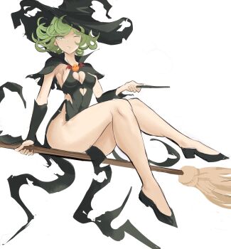 1girl bare_legs black_dress black_shoes breasts breasts_apart broom broom_riding cleavage_cutout clothing_cutout dress fantasy floating floating_clothes floating_object flying green_eyes green_hair halloween hat highres holding holding_wand jack-o'-lantern knees_up levitation looking_at_viewer magic medium_breasts one-punch_man one_eye_closed psychic pumpkin rakeemspoon shoes short_hair simple_background sitting solo tatsumaki telekinesis torn_clothes torn_dress wand white_background witch witch_hat