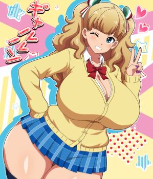 1girl absurdres black_thighhighs blue_eyes blue_skirt breasts brown_hair brown_sweater character_request cleavage commentary_request cosplay eyebrows_hidden_by_hair galko galko_(cosplay) gyaru hand_on_own_hip highres hitokiwa_kenchin huge_breasts inazuma_eleven_(series) inazuma_eleven_victory_road looking_at_viewer medium_hair nail_polish neck_ribbon one_eye_closed open_mouth oshiete!_galko-chan red_eyes ribbon school_uniform shirt skirt smile solo sweater teeth thighhighs twintails v white_shirt wide_hips