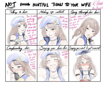 10s 1girl blush breasts c-sha chart cleavage confession djayo english_text closed_eyes female_focus hand_in_own_hair happy hat jewelry long_hair neptune_(series) ring shin_jigen_game_neptune_vii solo surprised upper_body white_background