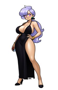 1girl anabel_(pokemon) black_dress blazbaros bracelet breasts dress ear_piercing eyelashes hand_on_own_hip high_heels holding holding_poke_ball jewelry large_breasts nintendo piercing poke_ball pokemon purple_eyes purple_hair shiny_skin smile solo wide_hips