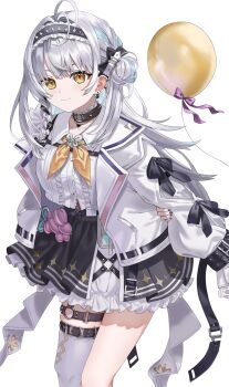 1girl balloon black_hairband center_frills closed_mouth commentary frills ginjo_saine grey_hair hairband highres jacket long_hair long_sleeves looking_at_viewer mosamune neckerchief open_clothes open_jacket shirt simple_background single_thighhigh skirt smile solo spiked_hairband spikes symbol-only_commentary thigh_strap thighhighs virtual_youtuber vspo! white_background white_shirt white_thighhighs yellow_eyes yellow_neckerchief
