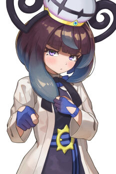 1girl absurdres belt belt_buckle black_dress black_hair blue_belt blue_gloves blue_hair blush bob_cut breasts buckle closed_mouth coat commentary dress english_commentary eyelashes ganze_382 gloves gradient_hair gwynn_(pokemon) hat highres long_sleeves looking_at_viewer mega_stone mixed-language_commentary multicolored_hair nintendo o-ring o-ring_belt open_clothes open_coat partially_fingerless_gloves pointing pointing_at_viewer pokemon pokemon_legends:_z-a purple_eyes short_hair small_breasts solo upper_body white_background white_coat