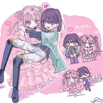 Rule 34 | 1boy, 1girl, bow, brother and sister, capelet, chibi, chibi inset, commentary request, double bun, dress, flower, formal clothes, hair bow, hair bun, highres, official alternate costume, pants, pink dress, pink eyes, pink hair, purple hair, siblings, straight hair, the hundred line -last defense academy-, torimomoniku3, tsukumo ima, tsukumo kako, white pants