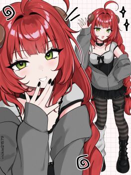 1girl alternate_costume black_choker black_sailor_collar bow braid choker green_eyes hair_ornament highres long_hair looking_at_viewer red_hair sailor_collar smile solo sphere_hair_ornament thighhighs twintails ukinami_yuzuha vickie_(cryingrobot) white_bow zenless_zone_zero