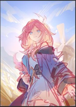 1girl blue_eyes cyrene_(aedes_elysiae)_(honkai:_star_rail) cyrene_(honkai:_star_rail) dress gdtbd holding holding_quill honkai:_star_rail honkai_(series) looking_at_viewer medium_hair pink_hair purple_dress quill smile solo