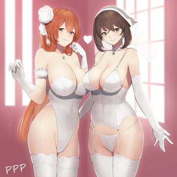 2girls anchor_earrings bare_shoulders blush breasts bridal_veil brown_hair bustier chain chain_necklace choker cleavage collarbone commission commissioner_upload crossover earrings elbow_gloves frilled_gloves frills garter_straps girls&#039;_frontline gloves green_eyes groin hair_between_eyes hair_ribbon hair_rings hayabusa_(vert_320) heart highleg highleg_leotard jewelry kantai_collection lace-trimmed_leotard lace_trim large_breasts leotard long_hair looking_at_viewer multiple_girls mutsu_(kancolle) necklace panties pink_background ribbon ring second-party_source short_hair sidelocks skindentation smile springfield_(girls&#039;_frontline) thighhighs underwear veil wedding_band white_bustier white_gloves white_legwear white_leotard white_panties