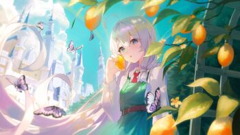 1girl ahoge blue_eyes bug butterfly castle cloud dress elaina_(majo_no_tabitabi) flower food fruit green_dress hair_ornament highres holding holding_food holding_fruit insect leaf lemon long_hair long_sleeves majo_no_tabitabi necktie shiina_1001 shirt tree white_hair white_shirt