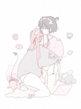 Rule 34 | 2girls, alien stage, alternate costume, black hair, coldmeow, commentary, demon tail, donut, egg hair ornament, food, food-themed hair ornament, fruit, garter straps, gingham clothes, grey sweater, hair ornament, highres, hug, mizi (alien stage), multiple girls, no pants, pink hair, pink sweater, purple eyes, rabbit, socks, star (symbol), star hair ornament, strawberry, sua (alien stage), sweater, tail, thighhighs, x hair ornament, yellow eyes