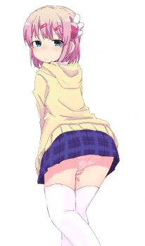 1girl between_legs blue_eyes blue_skirt blush chiyoda_momo embarrassed female_focus from_behind hair_ornament hairclip half-closed_eyes hand_between_legs have_to_pee hood hood_down hooded_jacket jacket long_sleeves looking_at_viewer looking_back machikado_mazoku miniskirt nose_blush panties pink_hair pink_panties plaid_clothes plaid_skirt pleated_skirt ponnu_(tnpn2yw) raised_eyebrows school_uniform short_hair sidelocks skirt solo standing thighhighs underwear upskirt white_thighhighs yellow_jacket