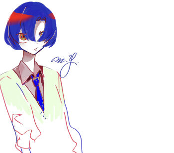 1other :/ absurdres ame_(metorui) androgynous artist_name blue_hair blue_necktie bob_cut brown_shirt closed_mouth collared_shirt colored_skin green_sweater hair_over_one_eye highres long_sleeves looking_at_viewer multicolored_eyes necktie negative_space one_eye_covered original other_focus partially_colored red_eyes ringed_eyes shirt short_hair sidelocks signature simple_background solo standing sweater upper_body white_background white_skin