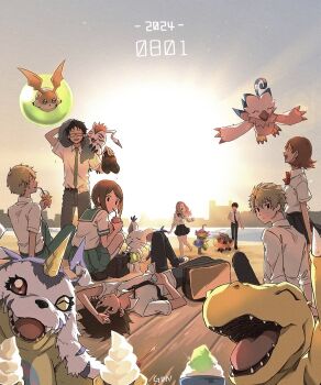 Rule 34 | agumon, bird, cat, closed eyes, coat, dated, digimon, digimon adventure, digimon adventure tri., digimon day, food, fur coat, gabumon, gdn0522, gomamon, highres, holding, holding food, holding ice cream, horns, ice cream, ishida yamato, izumi koshiro, kido jo, looking at viewer, midair, one eye closed, outdoors, palmon, patamon, piyomon, red eyes, reptile, river, shirt, single horn, skirt, sunlight, tachikawa mimi, tailmon, takaishi takeru, takenouchi sora, tentomon, white shirt, yagami hikari, yagami taichi