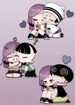 1girl 3boys absurdres anger_vein arrow_print belt black_belt black_bow black_bowtie black_hair black_pants black_shoes black_skirt blonde_hair blunt_bangs blush bow bowtie brown_hair cheek-to-cheek chibi chibi_only closed_eyes commentary_request couple dixie_cup_hat empty_eyes flower_ornament flying_sweatdrops green_eyes green_lips hair_bobbles hair_ornament hands_on_own_knees hat heads_together heart heart_background higashikata_joshu higashikata_josuke_(jojolion) highres hirose_yasuho hug hug_from_behind jojo_no_kimyou_na_bouken jojolion kiss kissing_cheek kneeling long_hair long_sleeves makeup military_hat multiple_boys o3o one_eye_closed open_mouth pants puckered_lips purple_hair sailor sailor_collar sailor_hat seiza shaded_face shirt shoes short_sleeves shorts sitting skirt sleeveless sleeveless_shirt smile sneakers souzou_bunni teeth tooru_(jojolion) undercut white_hat white_pants white_sailor_collar white_shirt wristband yellow_pants yellow_shirt