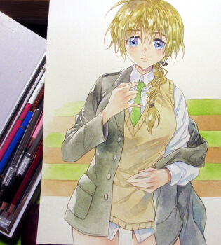 1girl agahari art_brush art_tools_in_frame black_jacket black_ribbon blonde_hair blue_eyes braid braided_ponytail breasts brown_sweater_vest collared_shirt commentary_request cowboy_shot green_necktie hair_over_one_eye hair_ribbon hand_up jacket large_breasts lynette_bishop necktie no_pants off_shoulder open_clothes open_jacket paintbrush painting_(medium) photo_(medium) ribbon shirt single_braid single_off_shoulder solo standing strike_witches sweater_vest traditional_media white_shirt world_witches_series