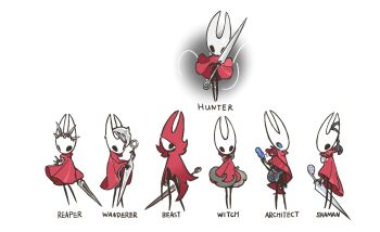 1girl black_skin cloak cogfly_(hollow_knight) colored_skin full_body highres hollow_knight hollow_knight:_silksong hood hood_up hooded_cloak horn_ornament horn_ribbon horned_mask hornet_(hollow_knight) horns lelegular mask multiple_views needle_(hollow_knight) ribbon simple_background standing string tentacles tiara tool_(hollow_knight) white_background white_mask