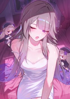 3girls absurdres bare_shoulders beret breasts brown_hair cleavage collarbone commentary english_commentary hat herta_(honkai:_star_rail) herta_(puppet)_(honkai:_star_rail) highres honkai:_star_rail honkai_(series) long_hair multiple_girls nightgown on_bed one_eye_closed open_mouth purple_eyes reiness_(ureiness) sitting small_breasts the_herta_(honkai:_star_rail) twitter_username very_long_hair white_nightgown