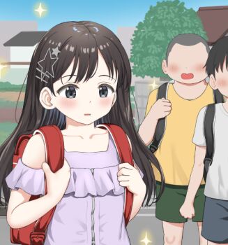 1girl 2boys backpack bag bare_shoulders black_hair black_shorts blue_sky blush building clothing_cutout collarbone commentary_request day dress faceless faceless_male green_shorts grey_eyes hair_ornament hairclip hands_up long_hair multiple_boys nedia_(nedia_region) open_mouth original outdoors paid_reward_available parted_lips purple_dress randoseru shirt shorts shoulder_cutout sky solo_focus sparkle star_(symbol) star_hair_ornament tree wavy_mouth white_shirt yellow_shirt