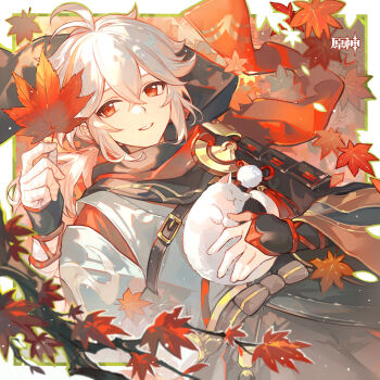 1boy absurdres ahoge autumn_leaves bandaged_arm bandages belt brown_belt cat cat_on_chest check_commentary chinese_commentary commentary_request copyright_name crossed_bangs genshin_impact hair_between_eyes highres holding holding_leaf kaedehara_kazuha leaf long_sleeves lying male_focus official_art on_back parted_lips red_eyes sidelocks solo white_cat white_hair