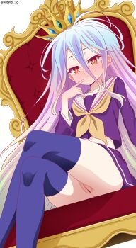 1girl absurdres blue_hair blue_thighhighs blush censored chair cleft_of_venus closed_mouth crossed_legs crown feet_out_of_frame finger_to_mouth flat_chest gradient_hair hair_between_eyes highres loli long_hair long_sleeves looking_at_viewer monochrome mosaic_censoring multicolored_hair neckerchief no_game_no_life no_panties on_chair orange_eyes pink_hair purple_hair purple_serafuku purple_shirt purple_skirt purple_thighhighs pussy roswell_ss sailor_collar school_uniform serafuku shiro_(no_game_no_life) shirt simple_background sitting skirt solo thighhighs thighs throne twitter_username very_long_hair white_background white_sailor_collar yellow_neckerchief yellow_sailor_collar