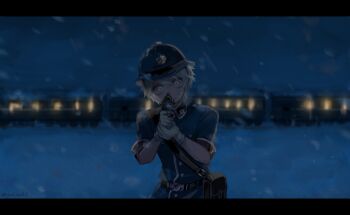 1boy aiming aiming_at_viewer bag blizzard blonde_hair blue_jacket custodian_helmet gloves gun handgun head_tilt helmet holding holding_gun holding_weapon identity_v jacket male_focus official_alternate_costume police revolver satchel short-sleeved_jacket short_sleeves solo sweatdrop tendenbarabara train upper_body victor_grantz victor_grantz_(sheriff) weapon white_eyes white_gloves white_trim