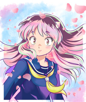 01angelegg 1girl black_hair blue_hair blue_sailor_collar blue_serafuku blue_shirt border cherry_blossoms floating_hair horns looking_at_viewer lum multicolored_hair neckerchief pink_hair sailor_collar sailor_shirt school_uniform serafuku shirt short_hair solo spring_(season) upper_body urusei_yatsura watermark white_border yellow_eyes yellow_neckerchief