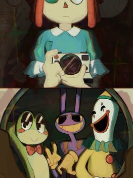 1other 2boys 2girls animal_ears azurfishe blue_dress bow bowtie bubble_(the_amazing_digital_circus) camera closed_eyes clown clown_makeup collared_dress colored_sclera colored_teeth dress grin hashtag-only_commentary highres holding holding_camera jax_(the_amazing_digital_circus) kaufmo_(the_amazing_digital_circus) looking_at_viewer medium_hair multiple_boys multiple_girls open_mouth overalls pac-man_eyes patchwork_clothes rabbit_boy rabbit_ears ragatha_(the_amazing_digital_circus) red_bow red_bowtie red_hair ribbit_(the_amazing_digital_circus) sharp_teeth smile teeth the_amazing_digital_circus triangle_nose v yellow_overalls yellow_sclera yellow_teeth