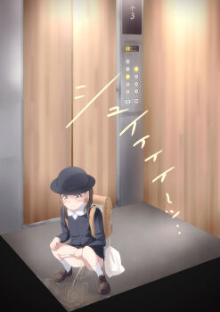 1girl absurdres ankle_socks arrow_(symbol) backpack bag black_hat black_shirt blouse blush brown_eyes brown_hair brown_shoes censored clothes_pull elevator female_focus full_body hat highres kuroi96 loli long_sleeves original panties panty_pull pee peeing peeing_on_floor puddle pulling_own_clothes pussy randoseru school_uniform shirt shoes socks solo squatting sweat underwear uwabaki white_panties white_socks
