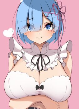 1girl absurdres arms_under_breasts blue_eyes blue_hair breasts cleavage closed_mouth commentary_request eyes_visible_through_hair hair_over_one_eye heart highres large_breasts looking_at_viewer mikan_(mika_n95) paid_reward_available pink_background re:zero_kara_hajimeru_isekai_seikatsu rem_(re:zero) roswaal_mansion_maid_uniform short_hair simple_background smile solo upper_body