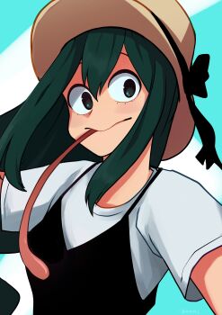 1girl absurdres asui_tsuyu black_dress boku_no_hero_academia brown_hat closed_mouth commentary dress eyelashes frog_girl green_hair hat highres kookirani long_hair long_tongue looking_at_viewer shirt short_sleeves smile solo tongue tongue_out upper_body white_shirt