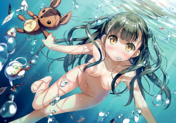 1girl absurdres air_bubble barefoot blunt_bangs blush breasts breath bubble card diving drink dutch_angle feet female_focus flower freediving green_hair hair_flower hair_ornament highres holding holding_breath kantoku liquid long_hair looking_at_viewer medium_breasts nagisa_(kantoku) navel nipples nude nude_filter original outstretched_arm parted_lips pussy solo stuffed_animal stuffed_toy submerged swimming tea teapot teddy_bear third-party_edit toes two_side_up uncensored underwater yellow_eyes