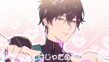 1boy black_gloves black_hair black_shirt blue_eyes blush chinese_clothes closed_mouth cloud_print coat commentary_request constellation_print dan_heng_(honkai:_star_rail) dan_heng_(hunt)_(honkai:_star_rail) earclip earrings eyeliner fingerless_gloves gloves gradient_background hair_between_eyes half-closed_eyes hands_up heart highres honkai:_star_rail honkai_(series) jewelry long_sleeves looking_at_viewer makeup male_focus open_clothes open_coat pink_background polka_dot polka_dot_background red_eyeliner shirt short_hair single_earring single_glove solo translation_request upper_body white_coat zassyoku_dd zipper