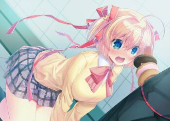 1boy 1girl absurdres ahoge black_socks blonde_hair blue_eyes bow cardigan censored donut donut_on_penis food food_on_body food_on_penis hair_ornament hair_ribbon highres kamikita_komari kneeling little_busters! mosaic_censoring natsuoto_rito open_mouth penis penis_awe plaid_clothes plaid_skirt red_bow ribbon school_uniform short_hair skirt socks star_(symbol) star_hair_ornament