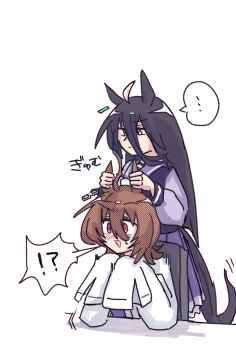 ... 2girls absurdres agnes_tachyon_(umamusume) ahoge animal_ears black_hair blush brown_hair closed_mouth coat commentary_request ear_ornament ear_tag earrings gachitamago hair_between_eyes hair_tubes highres holding_another's_ear horse_ears horse_girl jewelry lab_coat long_hair long_hair_between_eyes long_sleeves manhattan_cafe_(umamusume) motion_lines multicolored_hair multiple_girls red_eyes simple_background single_earring sleeves_past_fingers sleeves_past_wrists speech_bubble spoken_ellipsis surprised sweatdrop umamusume very_long_hair white_background white_coat white_hair yellow_eyes