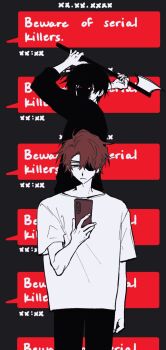 2boys axe black_eyes black_hair character_request commentary curtained_hair english_commentary english_text expressionless eyepatch feet_out_of_frame gwechul highres holding holding_axe holding_phone imminent_attack ks3654 looking_at_phone male_focus multiple_boys partially_shaded_face phone red_hair red_pupils shirt short_hair standing t-shirt text_messaging white_shirt