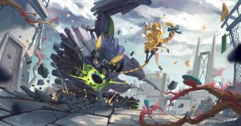 2girls animal_ears battle black_shorts blonde_hair blue_bow bow building ceco_haizaio chinese_commentary clock cloud commentary_request corpse door ethereal_(zenless_zone_zero) hu_wei_(zenless_zone_zero) ju_fufu midair multiple_girls pile_of_corpses shorts socks tail tail_bow tail_ornament tiger_ears tiger_girl tiger_tail white_socks yixuan_(zenless_zone_zero) zenless_zone_zero