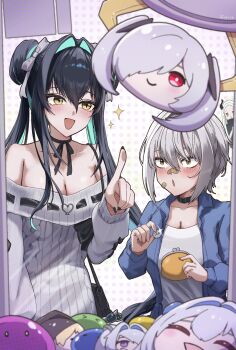 2girls aqua_hair bandaid bandaid_on_face bandaid_on_nose bare_shoulders black_nails blue_hair blue_jacket breasts brown_eyes crane_game dress goddess_of_victory:_nikke grey_hair hair_bun highres holding jacket large_breasts little_mermaid_(nikke) long_sleeves looking_at_object mori_(nikke) multiple_girls off-shoulder_dress off_shoulder ribbed_dress shirt shupita smile white_shirt yellow_eyes
