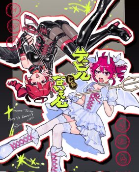 2girls arm_tattoo black_boots black_gloves black_shorts blush bodysuit boots bow breasts character_name collar copyright_name corrupted_twitter_file corset devil_janai_mon_(vocaloid) dress drill_hair dual_persona elbow_gloves fang fingerless_gloves gloves hair_bow halo head_wings highres holding holding_pitchfork holding_wand horns kasane_teto kasane_teto_(sv) lace-up_boots looking_at_viewer multiple_girls nou_1182 open_mouth outline pearto pitchfork platform_boots red_eyes red_hair short_hair shorts skin_fang small_breasts smile spiked_collar spikes synthesizer_v tattoo thigh_boots thighhighs twin_drills twitter_username upside-down utau v-shaped_eyebrows vocaloid wand white_boots white_dress white_gloves white_thighhighs wings