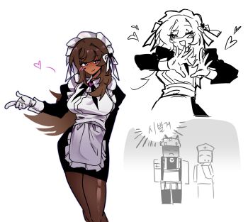 1boy 2girls apron black_dress breasts brown_hair brown_pantyhose carepad_(die_of_death) caretaker_(die_of_death) chaw_qh closed_mouth dark-skinned_female dark_skin die_of_death dress gloves heart heart_hands highres juliet_sleeves large_breasts long_hair long_sleeves loveshot_(die_of_death) maid maid_apron maid_headdress multiple_girls pantyhose puffy_sleeves roblox simple_background smile white_apron white_background white_gloves wrist_cuffs