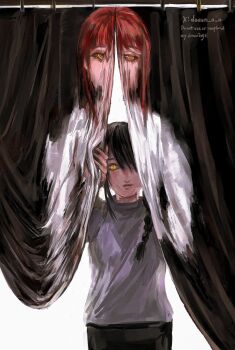 2girls artist_name black_hair black_pants braid chainsaw_man cowboy_shot curtain_grab curtains doeun_o_o highres makima_(chainsaw_man) multiple_girls nayuta_(chainsaw_man) pants red_hair reincarnation sidelocks single_braid sweater swept_bangs white_sweater yellow_eyes