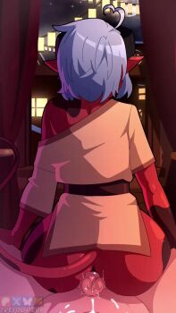 1boy 1girl animated artist_name ass back calico_(evil_trevo) colored_skin cum demon_girl demon_horns demon_tail evil_trevo facing_away from_behind girl_on_top grey_hair hetero highres horns nightshiftnyx_(voice_actor) original penis pointy_ears pov pussy pussyjob red_skin solo_focus sound tagme tail uncensored video