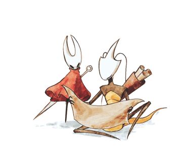 2girls arthropod_girl black_eyes cloak commentary_request holding holding_map hollow_eyes hollow_knight hollow_knight:_silksong hornet_(hollow_knight) horns map moran_hk multiple_girls needle_(hollow_knight) reading red_cloak shakra_(hollow_knight) sitting standing white_background