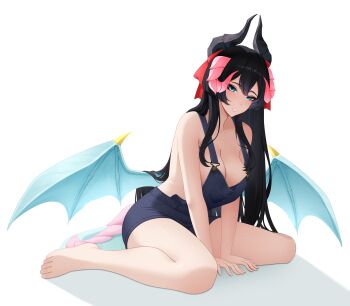 Rule 34 | 1girl, absurdres, barefoot, between legs, black hair, blue eyes, blue overalls, breasts, character request, cleavage, collarbone, commentary, commission, copyright request, double-parted bangs, dragon girl, dragon horns, dragon tail, drey525, english commentary, feet, full body, hand between legs, highres, horns, large breasts, legs, long hair, looking at viewer, naked overalls, overalls, parted lips, simple background, sitting, smile, solo, tail, toenails, toes, wariza, white background